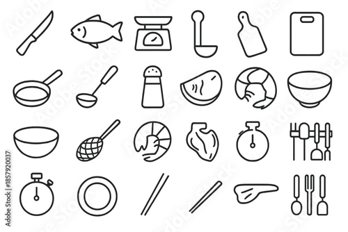Seafood Kitchen Icons. Line style icons of seafood kitchen: fillet knife, fish, scale tool, board, pan, ladle, salt, lemon, bowl,