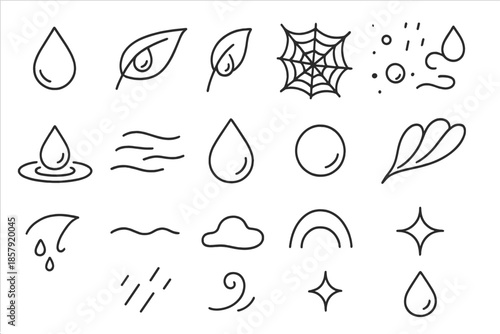 Dewdrop Line Art Icons. Line style icons of dewdrops and moisture: water droplet, leaf drop, grass blade, spider web bead,