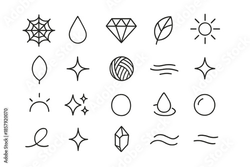 Natural Elegance Icons. Line style icons of natural elegance: cobweb, dewdrop, diamond, leaf, sunlight, petal, glint, silk thread,