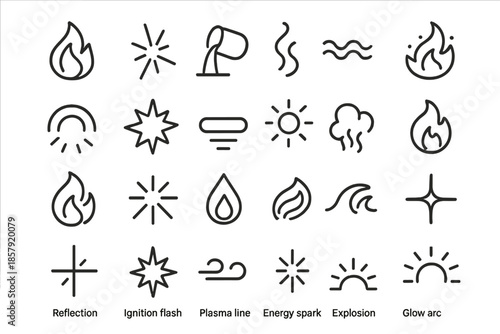 Heat and Power Icons. Line style icons of heat and power: flame, spark, molten metal, wave line, ember, heat arc, explosion mark,