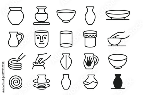 Ceramic Iconography. Line style icons of ceramic making: clay pot, spinning wheel, bowl form, vase silhouette, drying plate, jug