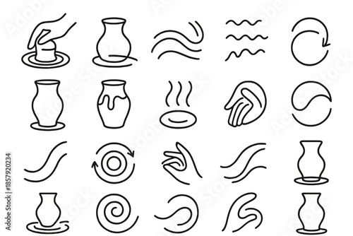 Creative Flow Icons. Line style icons of creative flow: potter’s hand, spinning clay, shaping line, curved motion, wet surface,
