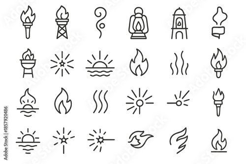 Signal and Flame Icons. Line style icons of Signal and Flame: beacon torch, tower fire, smoke spiral, oil lamp, bell tower, signal