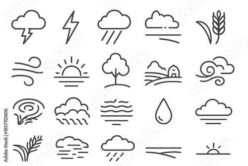 Stormy Line Art Icons. Line style icons of Stormy Landscapes: thundercloud, lightning bolt, rain streak, wheat field, wind gust,