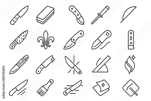 Knife Crafting Icons. Line style icons of Knife Craftsmanship: blade, whetstone, handle, sharpening rod, edge curve, steel texture
