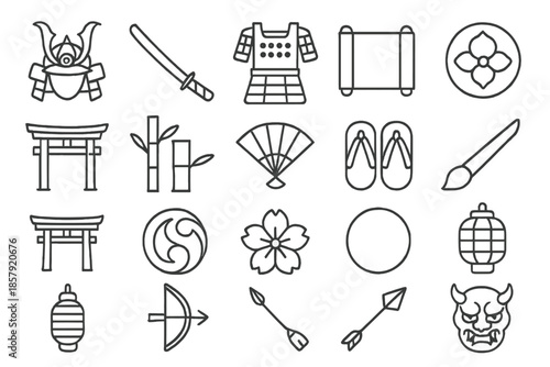 Samurai Heritage Icons. Line style icons of Samurai Heritage: helmet, katana, armor, scroll, crest, temple gate, bamboo, fan,