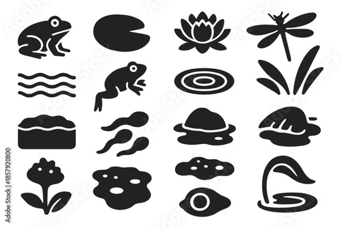 Amphibian Habitat Icons. Solid style icons of Amphibian habitat: resting frog, lily leaf, floating bloom, insect on petal, pond