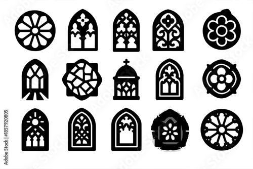 Gothic Cathedral Glass Icons. Solid style icons of Gothic cathedral glass: rose window, pointed arch, stone tracery, colored light