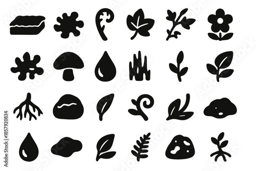 Nature's Solid Icons. Solid style icons of Moss and Nature Growth: moss mat, fern sprout, vine leaf, creeping ivy, green lichen,