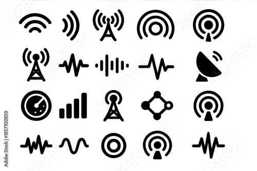 Radio Signal Icons. Solid style icons of Radio Signals: radio wave, antenna beam, frequency arc, signal ripple, broadcast tower,