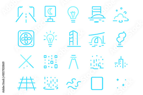 Neon Night Scene. Solid style icons of Neon Night Scene: glowing street, holographic sign, light reflection, wet pavement,