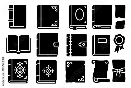 Antique Book Icons. Solid style icons of Antique Book Design: leather spine, gold emboss, corner filigree, engraved title, ribbon