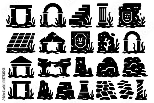 Submerged Architectural Icons. Solid style icons of Submerged Architecture: stone gate, archway, staircase, marble column,