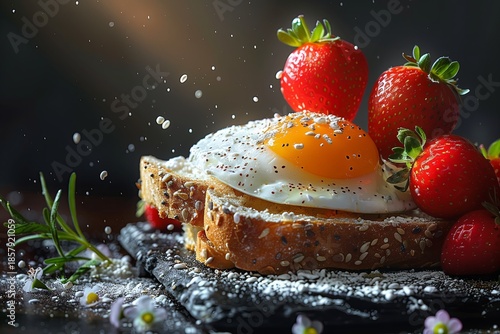 Breakfast scene with egg on toast and fresh strawberries with a sprinkle of sesame seeds