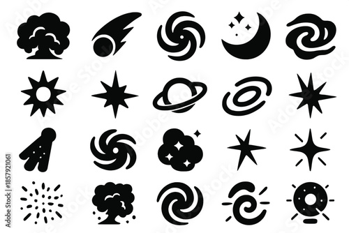 Celestial Icons Collection. Solid style icons of Celestial Storm Field: plasma cloud, comet trail, nebula swirl, cosmic arc,