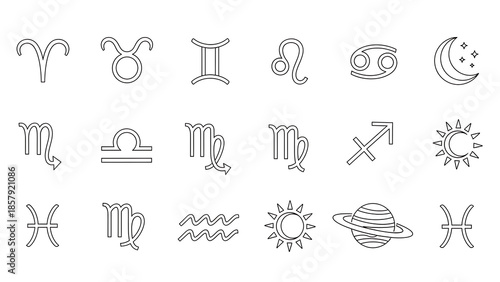 Monoline astrological symbols and celestial isolated on a transparent background