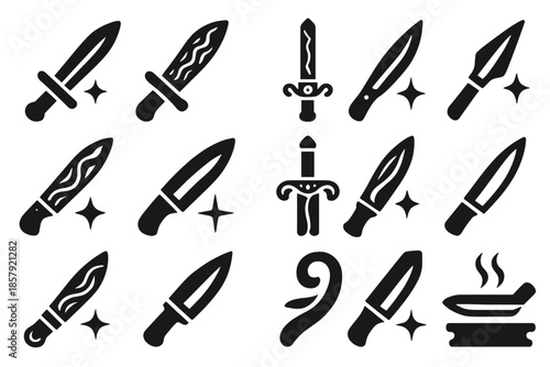 Damascus Weapons Icons. Solid style icons of Finished Damascus Weapons: polished blade, sharp edge, reflective steel, wavy pattern
