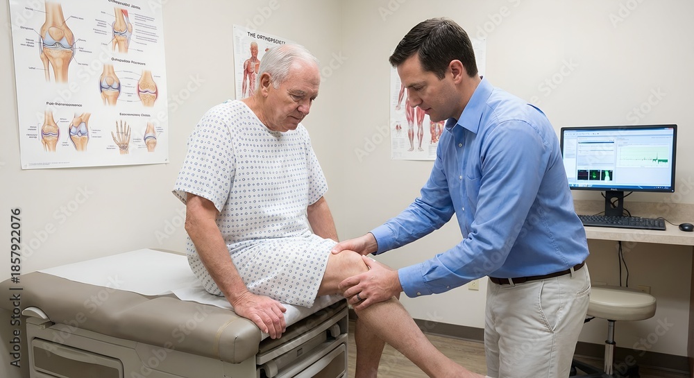 Obraz premium Professional male doctor examining senior patient's knee during physical medical examination in clinic for orthopedic health concept and patient care