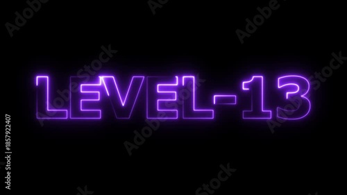 Glowing neon level-13 text with glitch effects animation. neon colorful letters spelling out level-13 appear on screen. level-13 game concept icon on a black background. 4k video