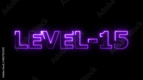 Glowing neon level-15 text with glitch effects animation. neon colorful letters spelling out level-15 appear on screen. level-15 game concept icon on a black background. 4k video