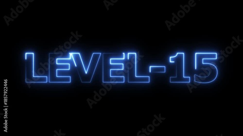Glowing neon level-15 text with glitch effects animation. neon colorful letters spelling out level-15 appear on screen. level-15 game concept icon on a black background. 4k video