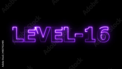 Glowing neon level-16 text with glitch effects animation. neon colorful letters spelling out level-16 appear on screen. level-16 game concept icon on a black background. 4k video