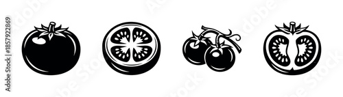 Tomato vector icons set: fresh produce, fruit symbols, healthy food