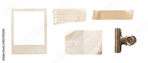 Scrapbook paper design elements and torn scraps isolated on a transparent background for creative projects