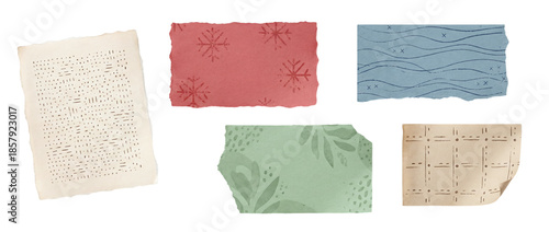 Scrapbook paper design elements with torn paper scraps and stationery on transparent background for collage projects