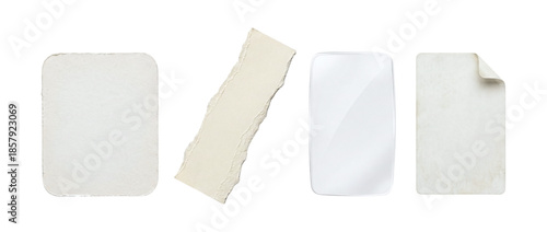 Collection of scrapbook paper design elements with torn paper scraps and stationery for creative projects on transparent background