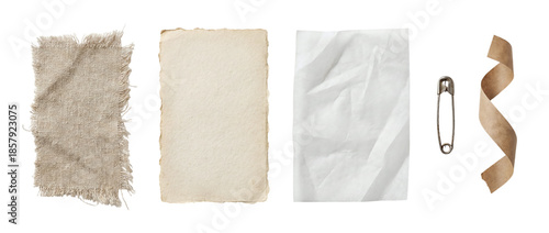 Scrapbook paper design elements with torn paper scraps and stationery pieces on transparent background