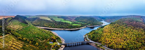 Bild auf Leinwand Autumn over Garreg Ddu Dam from a drone, Elan Valley, Caban-Coch Reservoir, Rhay