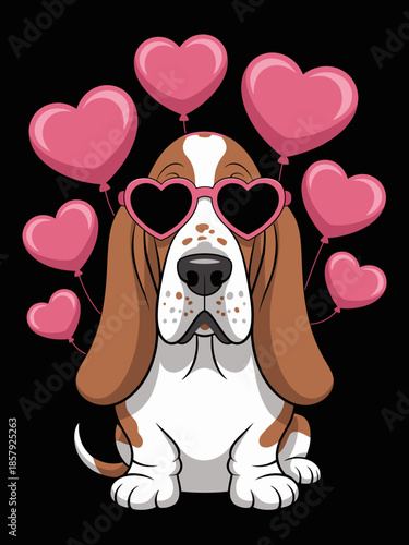 A basset hound wearing heart-shaped sunglasses sits surrounded by pink heart balloons.