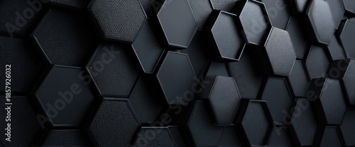 Dark geometric background with overlapping, textured, 3D hexagons