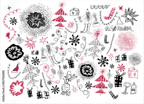 Happy new year 2026 naive design elements drawn by hand funny childlike scribble style. Holiday background for celebration merry Christmas with doodles symbols of the new year. Vector illustration