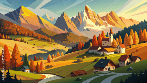 Very beautiful autumn landscape of St. Magdalena village in Val di Funes, Italy, featuring colorful meadows, traditional houses, and dramatic Dolomite mountains under soft seasonal light.