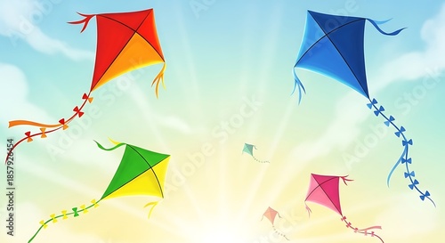 Colorful kites joyfully soaring high in a brilliant, sun-drenched sky, a playful illustration evoking feelings of freedom, childhood wonder, and cheerful outdoor adventure