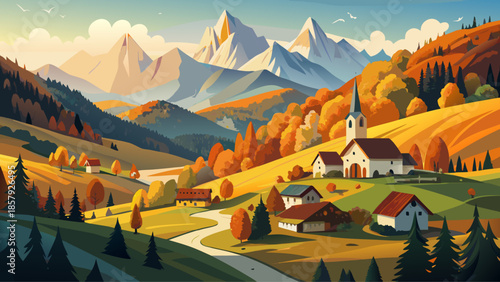 Very beautiful autumn landscape of St. Magdalena village in Val di Funes, Italy, featuring colorful meadows, traditional houses, and dramatic Dolomite mountains under soft seasonal light.
