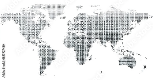 World map made of tiny dots in gradient shades of gray on a white background
