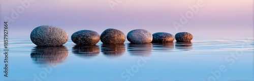 Stones reflect softly on smooth water under pink, blue, purple sky