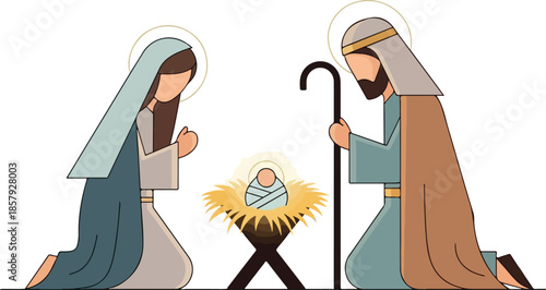 Nativity scene with Mary, Joseph, and baby Jesus.