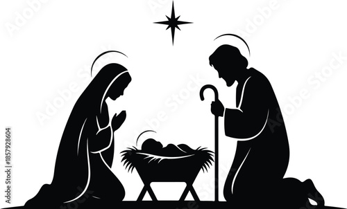 Nativity scene with Mary, Joseph, and baby Jesus in silhouette.