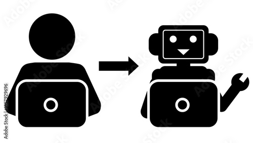 人とロボットが並んでパソコンを操作するRPA（業務自動化）のシルエットイラスト