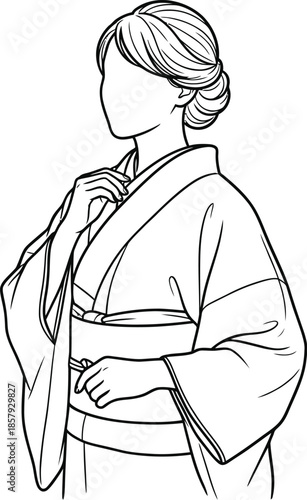 Woman adjusting traditional kimono line art illustration