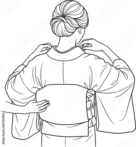 Woman adjusting traditional kimono line art illustration