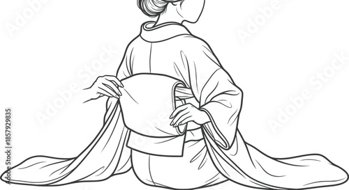 Woman adjusting traditional kimono line art illustration