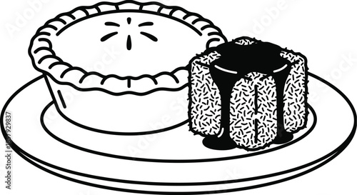 Meat pie and Lamington traditional Australian food illustration.