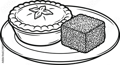 Meat pie and Lamington traditional Australian food illustration.