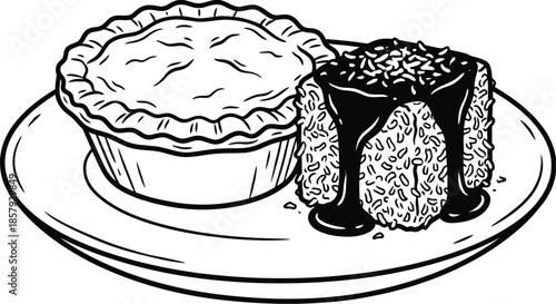 Meat pie and Lamington traditional Australian food illustration.
