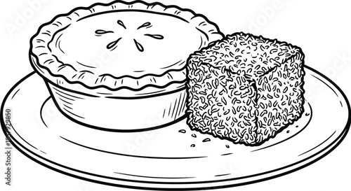Meat pie and Lamington traditional Australian food illustration.